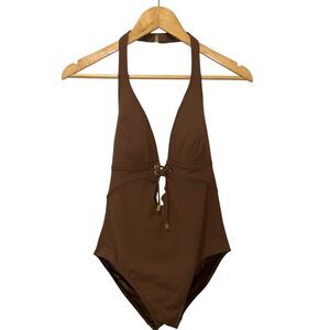 Michael Kors Women's Halterneck One Piece Swimsuit Brown Size 10 Gold Accents